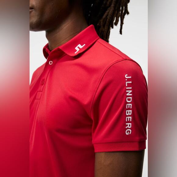 J. LINDEBERG Tour Tech Slim Fit Polo Chili Pepper Red Logo Stretch Sz Large NEW - Picture 3 of 12